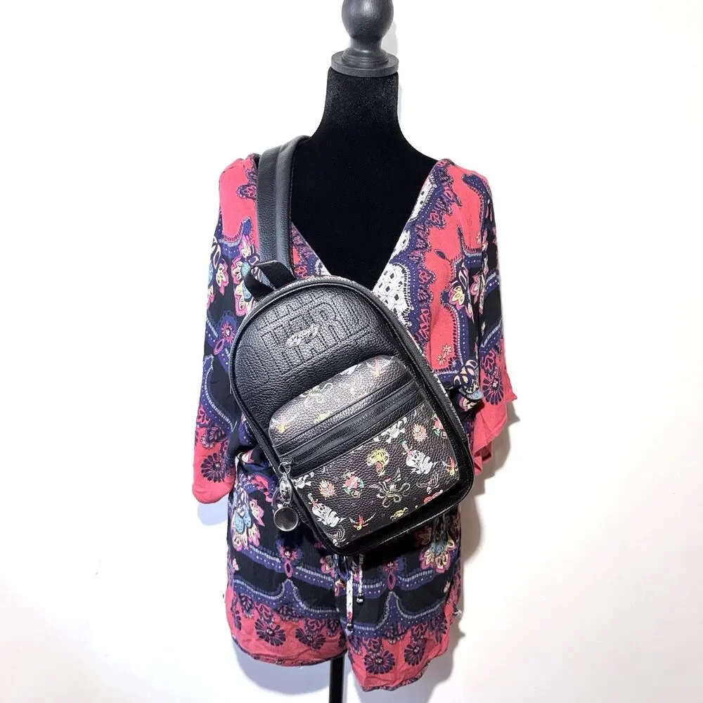 Ed Hardy Black Faux Leather Tattoo Print Mini Backpack/Sling Crossbody Bag NWT